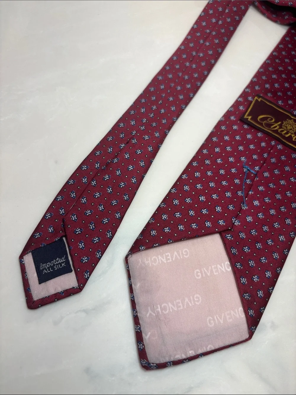 Vintage Givenchy co-branded Charvet Men's Burgundy Silk Tie with Blue Micro-Dots